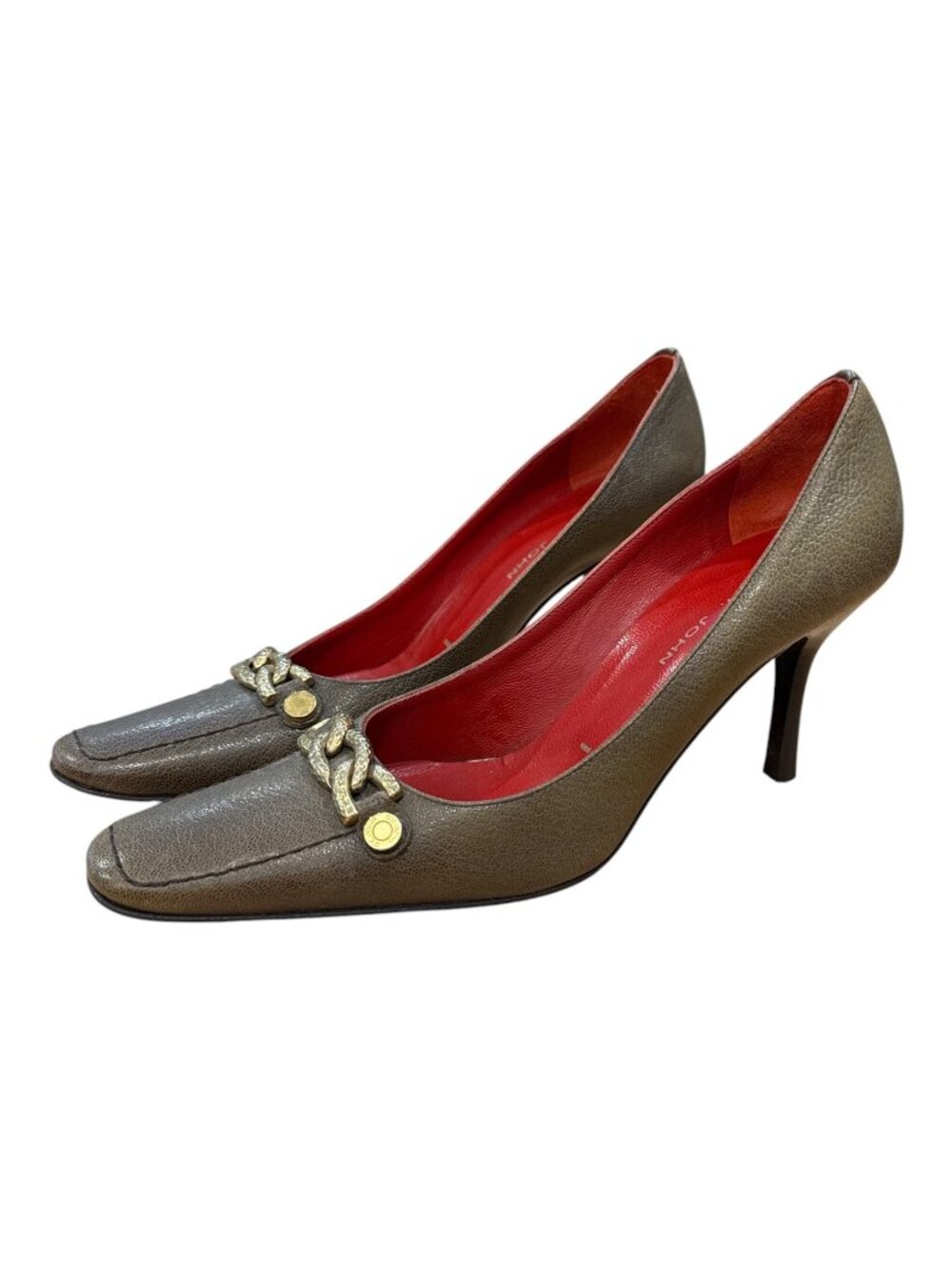 St. John Leather Heels Gold Chain Detail Brown W/ Red Lining Size 7B Made Italy